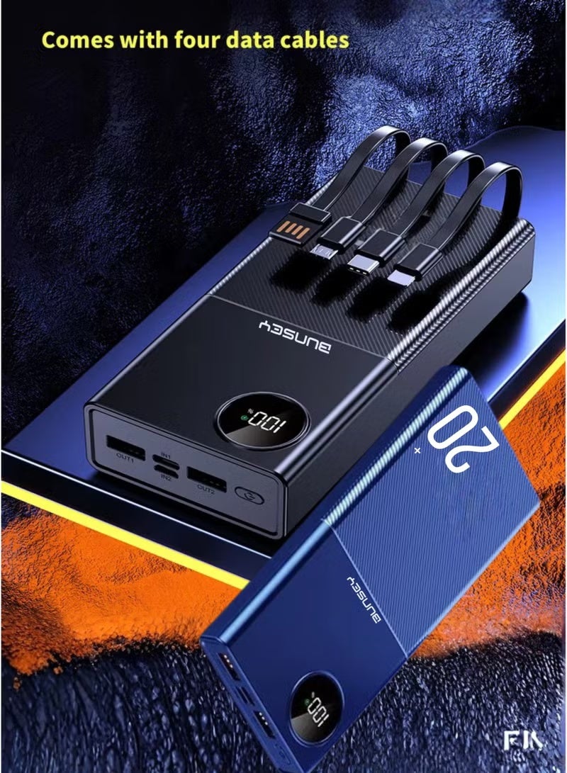 BUNSEY باور بانك 20000 مللي أمبير شحن سريع 22.5 واط مع 4 كابلات مدمجة، 2 USB + 2 PD، شاشة رقمية لعرض البطارية وزر الطاقة – شحن متعدد الأجهزة للهواتف الذكية والأجهزة اللوحية – BP55 أزرق - Image 5